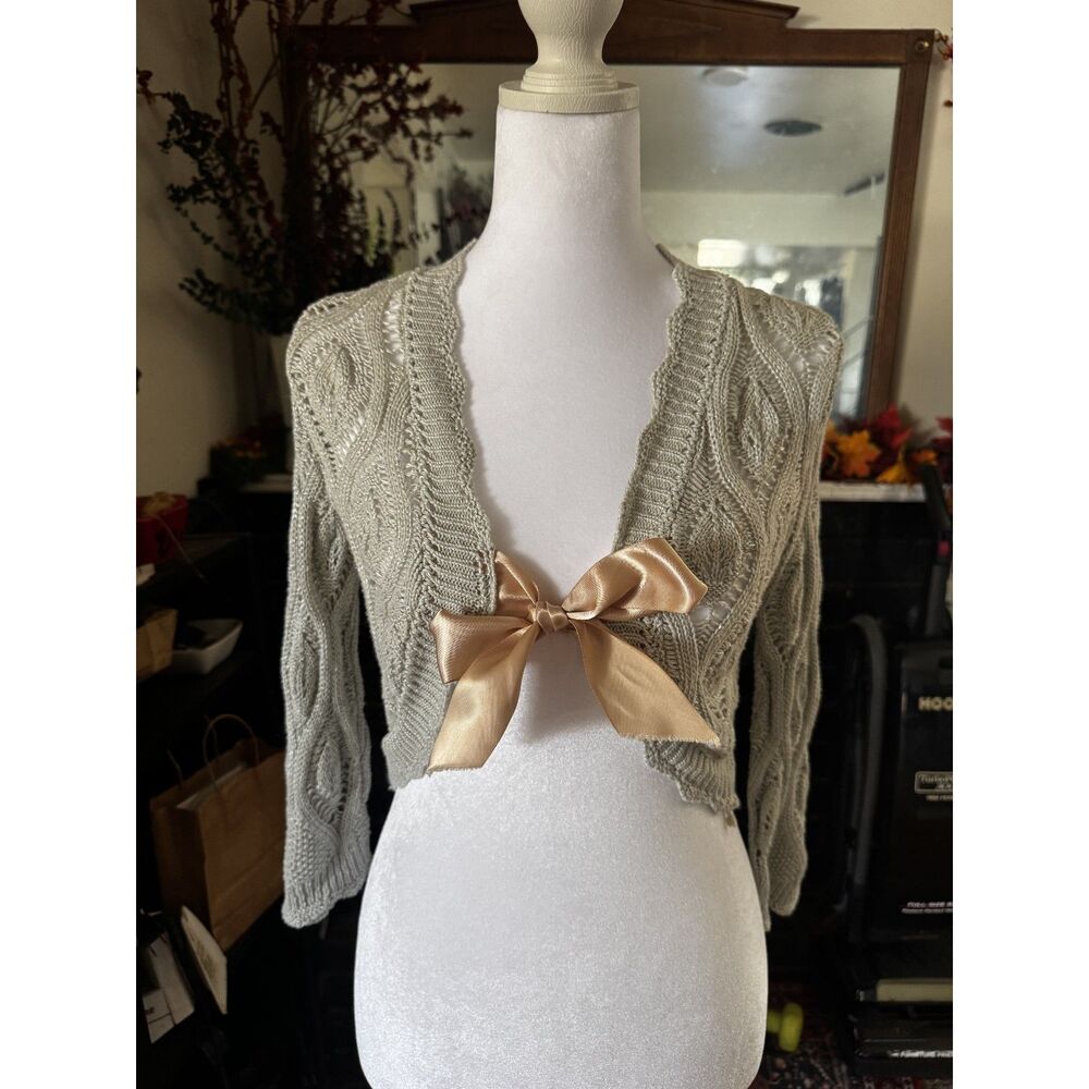 Vintage 90s Say What Cardigan Womens M Crochet Knit Ribbon Tie Cottagecore USA